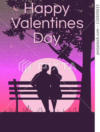 Silhouette loving couple on the bench at night. Happy Valentines Day poster 110809815