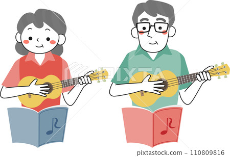 Senior woman and senior man playing the ukulele Senior woman and senior man playing the ukulele 110809816