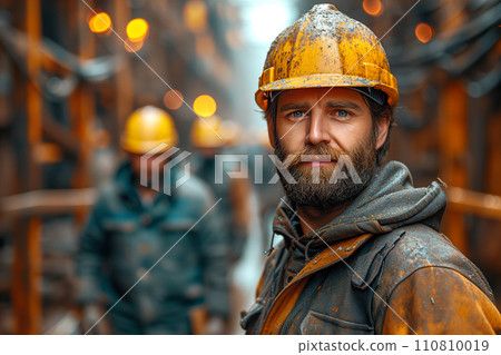 Construction worker in safety helmet with a steel structure backdrop Construction worker in safety helmet with a steel structure backdrop 110810019