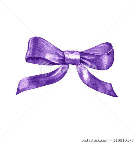 Purple satin ribbon bow. Watercolor illustration. Isolated on a white background. For the design of stickers, greeting cards, prints, stationery, gift certificates, bags, packages 110810175