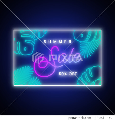 Neon summer sale banner with glowing tropical leaves. 110810259