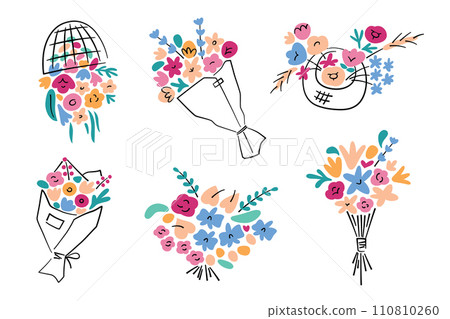 Flower bouquets hand drawn collection, doodle icons of flower arrangements, vector illustrations of roses, tulips, floral decoration for wedding, present for Valentines Day, Mothers Day, Womens Day Flower bouquets hand drawn collection, doodle icons of flower arrangements, vector illustrations of roses, tulips, floral decoration for wedding, present for Valentines Day, Mothers Day, Womens Day 110810260