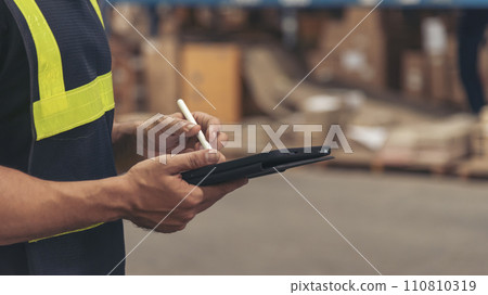 Banner Close up Hispanic men hands using pen touch smart tablet Warehouse management logistics counting checking products on inventory shelf. Man hands worker check stock control with copy space 110810319
