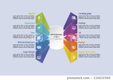 Infographics with Creative Package theme icons, 10 steps. Such as studio, inspiration, test, web development and more. Infographics with Creative Package theme icons, 10 steps. Such as studio, inspiration, test, web development and more. 110810368