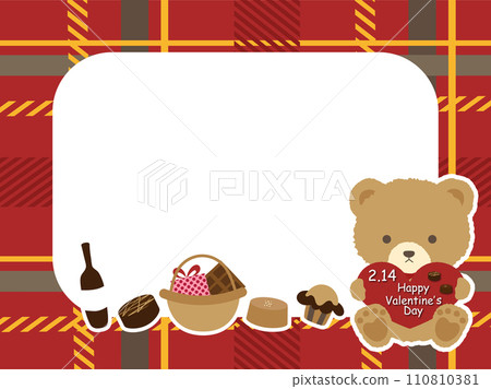 Plaid background with cute teddy bear and valentine hearts Plaid background with cute teddy bear and valentine hearts 110810381