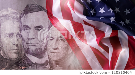 Happy Presidents Day Concept with the US national Flag against a collage American Presidents portraits cut of Dollar bills. Happy Presidents Day Concept with the US national Flag against a collage American Presidents portraits cut of Dollar bills. 110810404