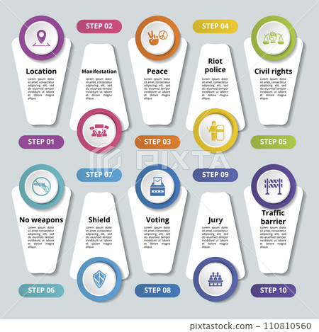 Infographics with Civil Rights theme icons, 10 steps. Such as location, manifestation, peace, riot police and more. Infographics with Civil Rights theme icons, 10 steps. Such as location, manifestation, peace, riot police and more. 110810560