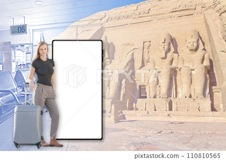Girl with a suitcase is ready to fly to Egypt concept. Girl with a suitcase is ready to fly to Egypt concept. 110810565