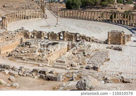 Oval Plaza from Temple of Zeus at Jerash , Jordan. Oval Plaza from Temple of Zeus at Jerash , Jordan. 110810579