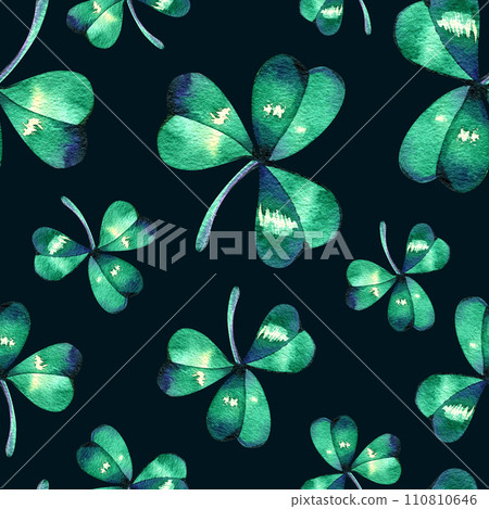 watercolor seamless pattern on the theme of st. patrick's day. green four-leaf clover leaves on a white background. holiday print 110810646