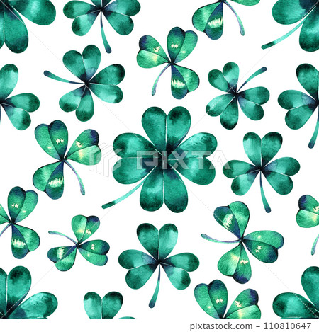 watercolor seamless pattern on the theme of st. patrick's day. green four-leaf clover leaves on a white background. holiday print 110810647