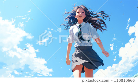 Blue sky and Japanese female students 110810666