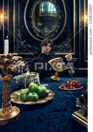 Marketing images for antique store or auction house. Men's fashion magazine, highlighting formal clothes. Marketing images for antique store or auction house. Men's fashion magazine, highlighting formal clothes. 110810803