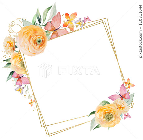 Frame with butterflies on orange and yellow watercolor flowers and green leaves, illustration Frame with butterflies on orange and yellow watercolor flowers and green leaves, illustration 110811044