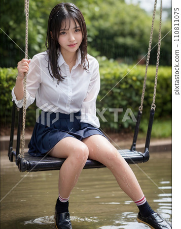 Illustration material: High school girl in uniform (swing, rainy season, June) 110811075
