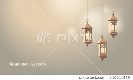 Hanging golden Moroccan lanterns. Arab lights with candles glowing at night. Vintage fanous. Blurred background, bokeh lights. Ramadan kareem, eid mubarak. Eastern holiday theme. Vector illustration Hanging golden Moroccan lanterns. Arab lights with candles glowing at night. Vintage fanous. Blurred background, bokeh lights. Ramadan kareem, eid mubarak. Eastern holiday theme. Vector illustration 110811479