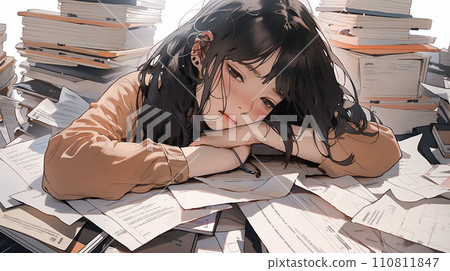 A woman worries about a large amount of documents 110811847