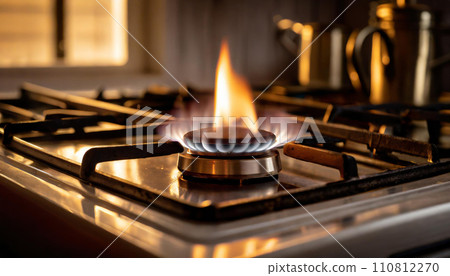 Gas stove flame, lit gas stove, natural gas flame, blue flame from gas stove burner Gas stove flame, lit gas stove, natural gas flame, blue flame from gas stove burner 110812270