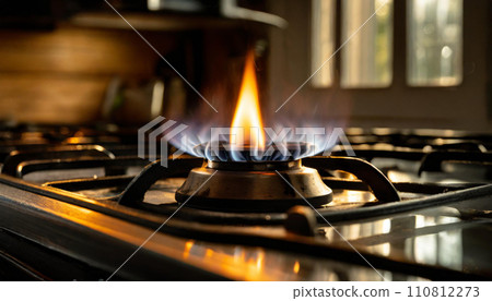 Gas stove flame, lit gas stove, natural gas flame, blue flame from gas stove burner Gas stove flame, lit gas stove, natural gas flame, blue flame from gas stove burner 110812273