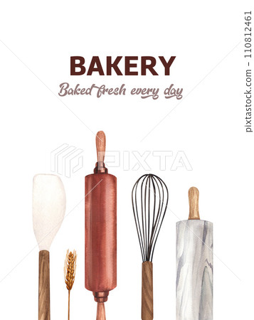 Kitchen tools, collection utensils for cooking and baking, shovel, wooden spoon, marble rolling pin and whisk. Watercolor hand-drawn illustration isolated on white background. 110812461