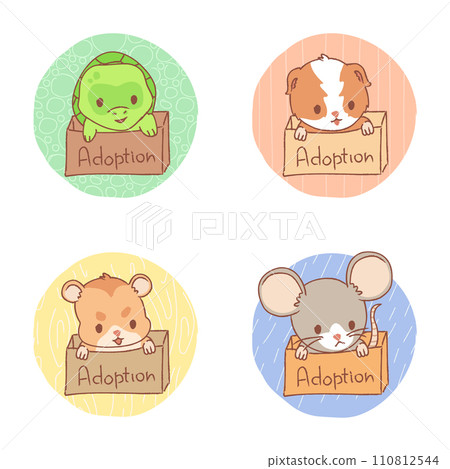 Kawaii cat set in the box. Pet adoption concept. Stock vector illustration in flat cartoon style isolated on white background. 110812544