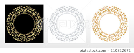Set of decorative frames Elegant vector element for design in Eastern style, place for text. Floral black, gold and gray borders. Lace illustration for invitations and greeting cards Set of decorative frames Elegant vector element for design in Eastern style, place for text. Floral black, gold and gray borders. Lace illustration for invitations and greeting cards 110812671