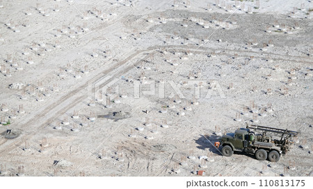 Kiev, Ukraine August 30, 2019: Work of the drilling machine at the place of construction of the house Kiev, Ukraine August 30, 2019: Work of the drilling machine at the place of construction of the house 110813175