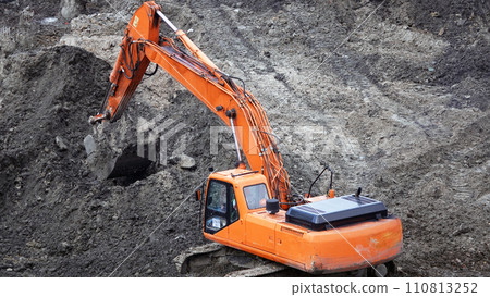Kiev, Ukraine March 13, 2019:  Tractors and excavators work on the construction of the foundation zero cycle 110813252