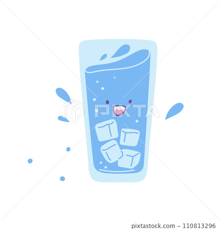Plastic or glass cup full of clean water with smiling face, vector glass of pure aqua with ice and splashes, drink emoji Plastic or glass cup full of clean water with smiling face, vector glass of pure aqua with ice and splashes, drink emoji 110813296