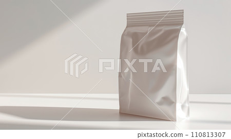 AI-generated content. Blank white aluminium foil plastic pouch bag sachet packaging mockup on white background. AI generated 110813307