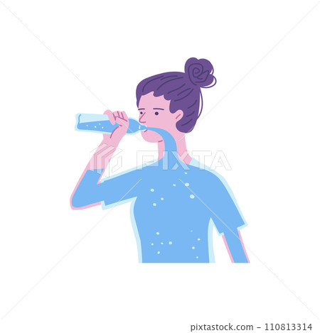 Woman drinking water from glass bottle, body as a full water scale flat vector, hydration, drink more water, health care 110813314