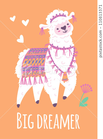 Llama alpaca with textile decorations, Lama animal cartoon cute funny curly fur animal, Big dreamer greeting vector card Llama alpaca with textile decorations, Lama animal cartoon cute funny curly fur animal, Big dreamer greeting vector card 110813371