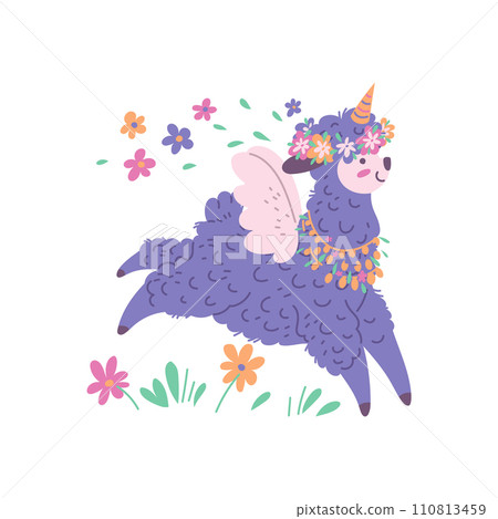 Running cute alpaca with wings and horn flat style, vector illustration 110813459
