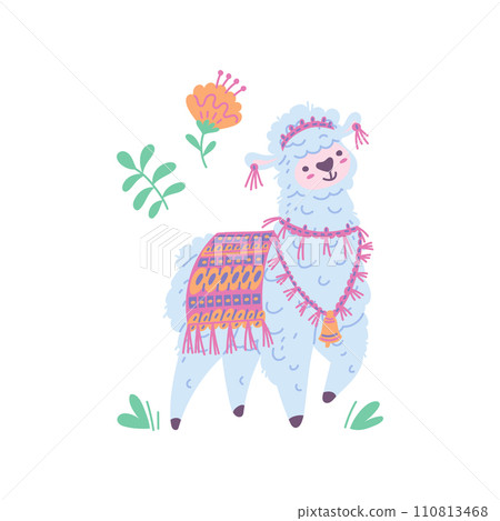 Llama alpaca with textile decorations on blooming flowers, vector cartoon cute funny curly fur Lama animal, sheep 110813468