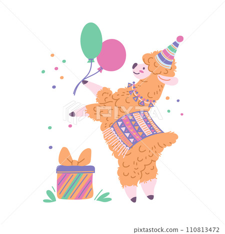 Cute alpaca on birthday, cartoon style vector illustration isolated on white 110813472