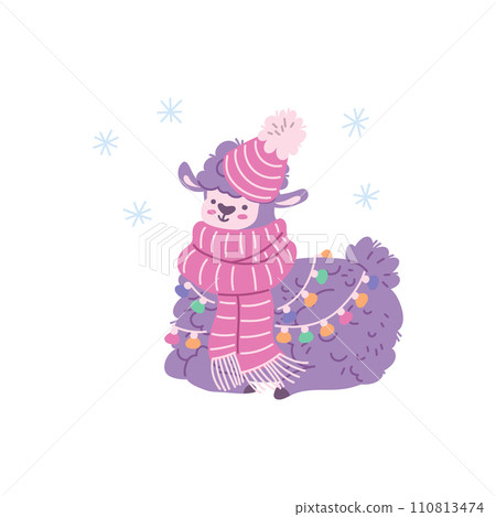 Cute purple alpaca in hat, scarf and holiday garland flat style Cute purple alpaca in hat, scarf and holiday garland flat style 110813474