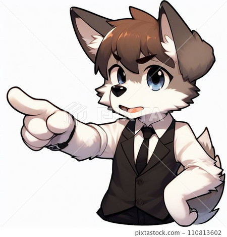 A dog wearing a suit pointing a finger 110813602