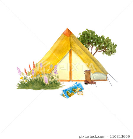 Travel composition campsite with a tent and a map 110813609