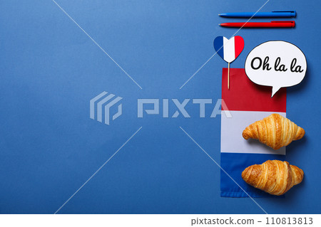 Concept of France, visual symbols of the country, on a blue background. Concept of France, visual symbols of the country, on a blue background. 110813813