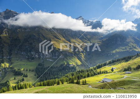 Amazing touristic alpine village in valley, Switzerland attraction 110813950