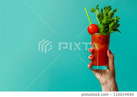 AI-generated content. Summer concept - hand holding bloody mary cocktail, solid color background AI-generated content. Summer concept - hand holding bloody mary cocktail, solid color background 110814098