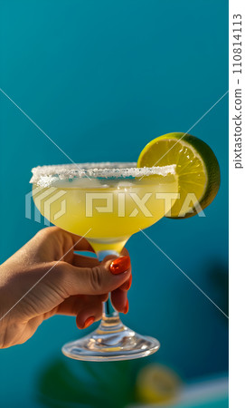 AI-generated content. Summer concept - hand holding daiqiri cocktail, solid color background 110814113
