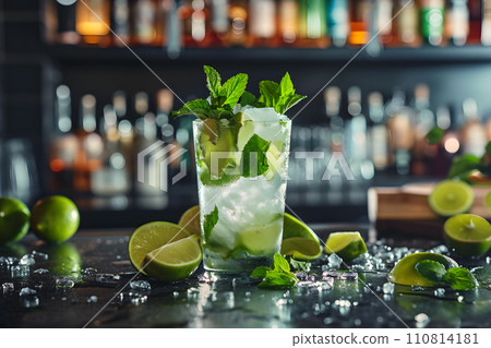 AI-generated content. Mojito cocktail and ingredients with bar background AI-generated content. Mojito cocktail and ingredients with bar background 110814181