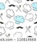 Chef hat, moustache, knife, fork seamless pattern hand drawn vector illustration. Line headdress on white background 110814668