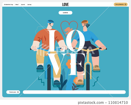 Valentine: Tandem Journey - modern flat vector concept illustration of a couple riding the bicycles together. Metaphor for the synchronized journey of a relationship 110814710