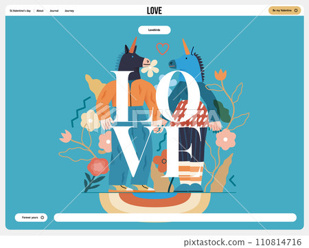 Valentine: Playful Connection - modern flat vector concept illustration of a couple in unicorn costumes holding hands. Metaphor of love, whimsical and imaginative side of romance Valentine: Playful Connection - modern flat vector concept illustration of a couple in unicorn costumes holding hands. Metaphor of love, whimsical and imaginative side of romance 110814716
