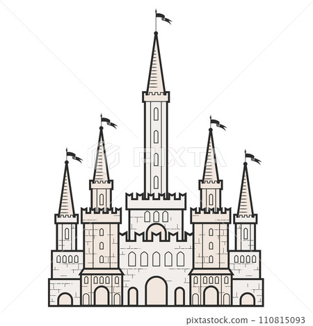 Medieval fairy-tale castle with towers in romanticism style, medieval cartoon citadel, vector 110815093