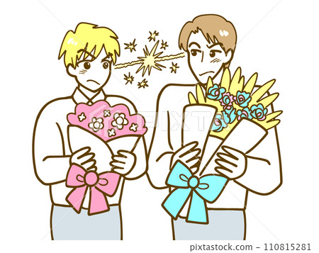 一個男人拿著一束花與他的對手擦出火花的插圖 一個男人拿著一束花與他的對手擦出火花的插圖 110815281