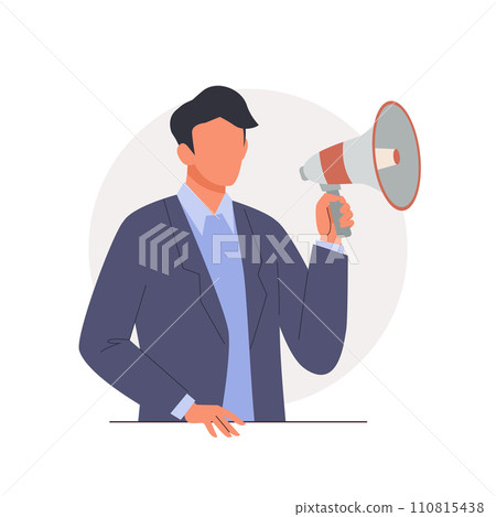 Man holding megaphone. Concept of announcing, promotion, advertisement, speech, marketing Man holding megaphone. Concept of announcing, promotion, advertisement, speech, marketing 110815438
