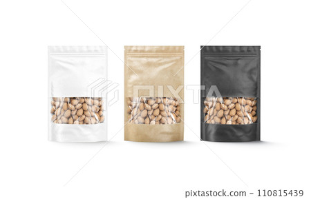 Blank black, white, craft zipper pouch with nuts mockup, isolated Blank black, white, craft zipper pouch with nuts mockup, isolated 110815439